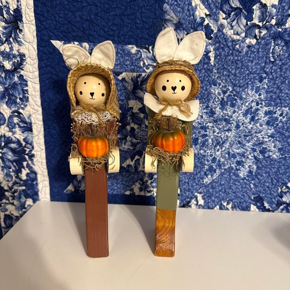 Handmade Fall Bunny Figurines Set of 2 Pumpkin Straw Detail Autumn Decor 11"
